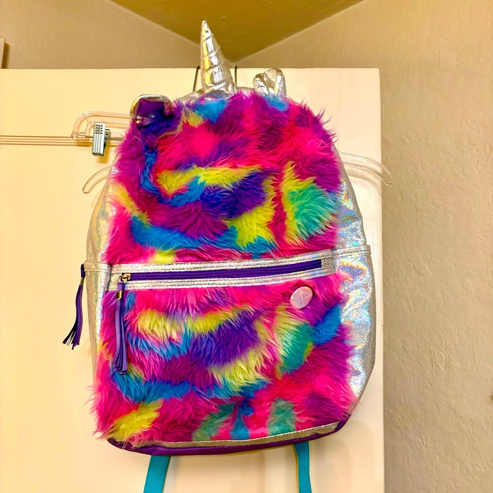 Rainbow unicorn fuzzy backpack